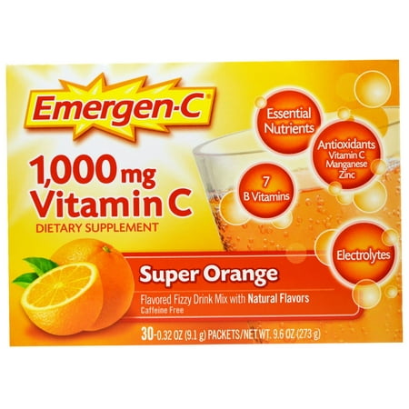 Emergen-C 1,000 mg Vitamin C, Super Orange, 30 Packets, 0.32 oz (9.1 g) Each