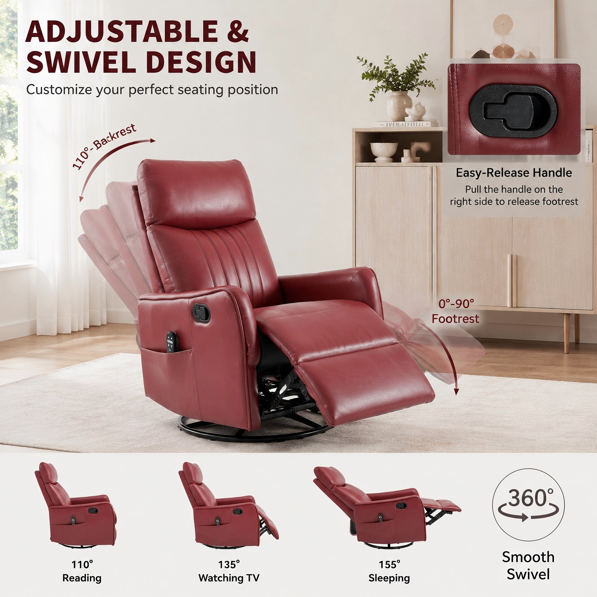 Aukfa Massage Recliner Chair with Heat, Faux Leather 360° Swivel Rocker Recliner, Overstuffed Manual Reclining Glider Chair with Vibration, Red