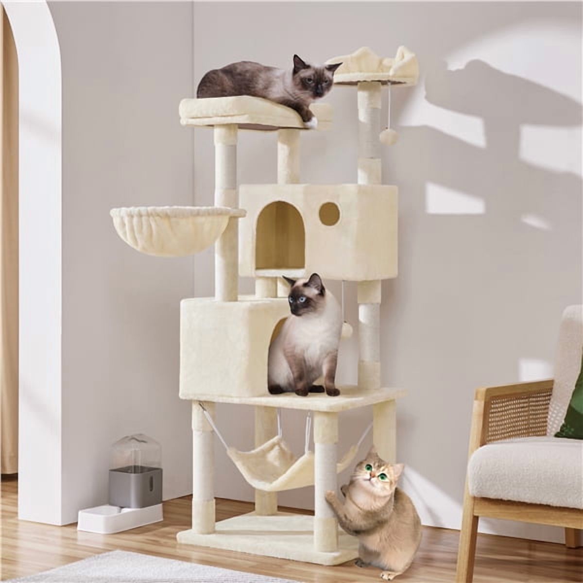 Yaheetech 64.5in Multi-level Large Cat Tree Condo Tower with Hammock Scratching Posts & Hammock, Beige