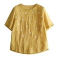 thumbnail image 3 of WHEANG Women's Pure Color Flower Embroidered Cotton And Linen Round Neck Short Sleeved T Shirt Cute Tops Dressy Casual Blouses Elegant Summer Top Size L Yellow, 3 of 3