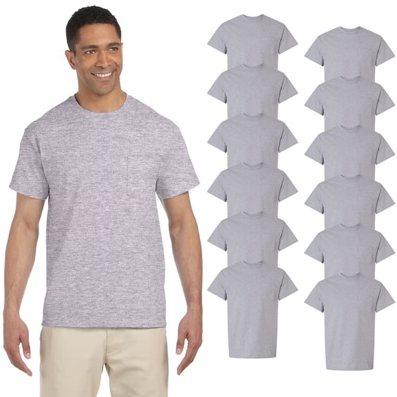 Gildan Men's Short Sleeve Sport Grey Pocket T-Shirt, Ultra Cotton Classic Fit Tee, 12 Pack, XL