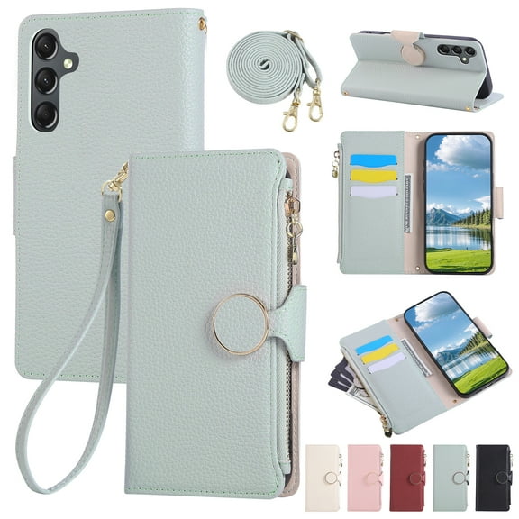 for Samsung Galaxy A25 5G Crossbody Wallet Case with Card Holder - Large Capacity PU Leather Case with Stand & Lanyard & Wrist Strap, Shockproof Magnetic Clasp Protective Phone Cover, Cyan