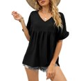 thumbnail image 1 of Camiseta informal holgada, de manga corta, color negro XXL con escote en V y mangas con volantes para mujer, 1 of 6