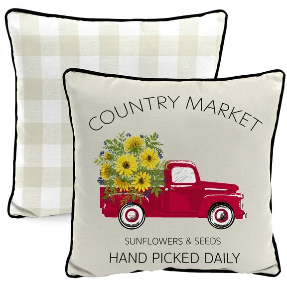 Jordan Manufacturing 16" x 16" Country Market Beige Truck and Buffalo Check Reversible Square Outdoor Throw Pillow with Welt (2 Pack)