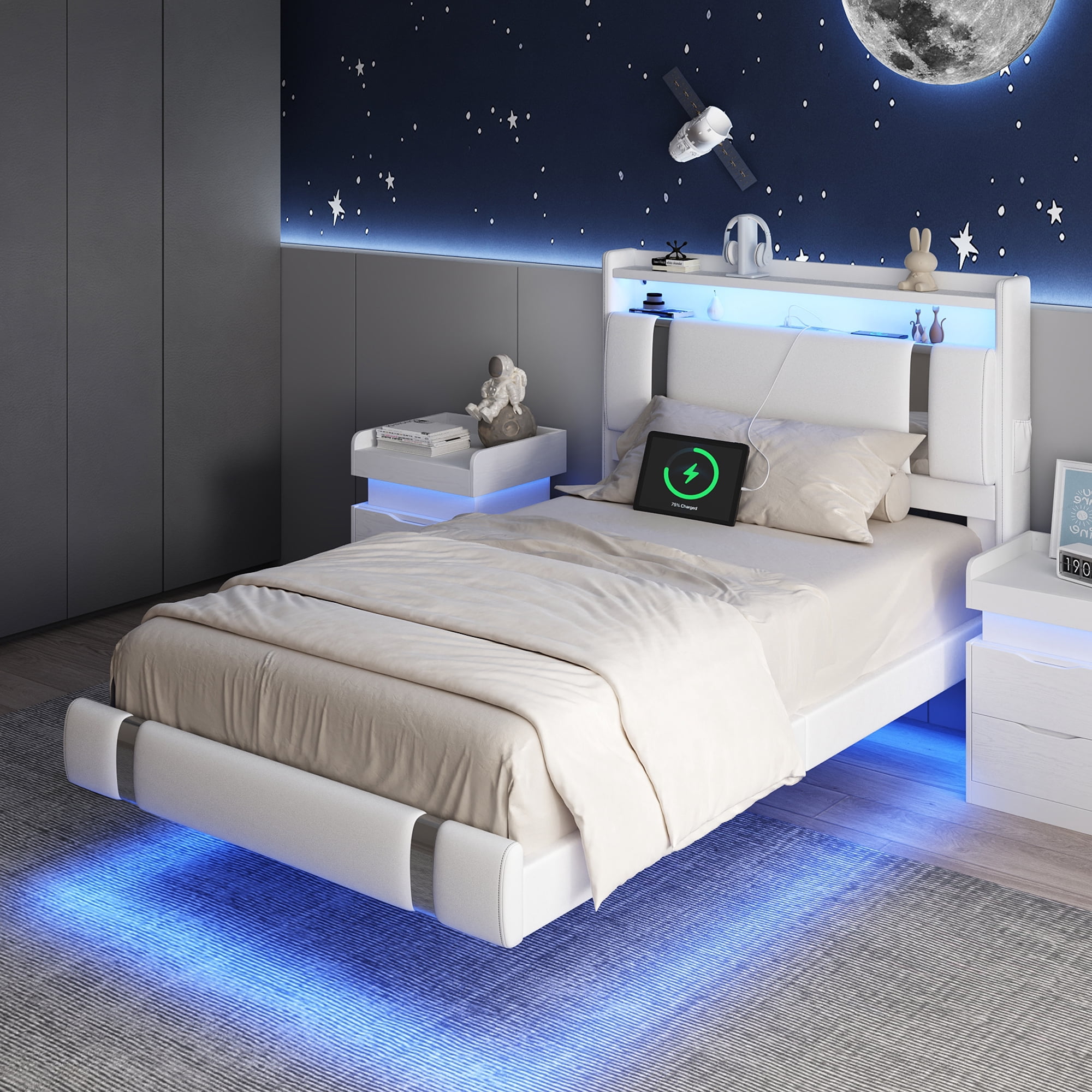 IDEALSOUL Twin Size Floating Bed Frame with Upholstered Storage Headboard, Metal Platform Bed with Charging Station & LED,No Box Spring Needed,Easy to Assemble (Twin,White)