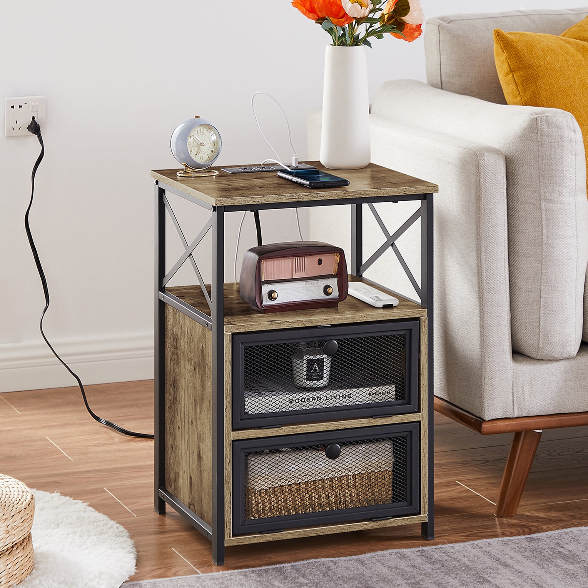 VECELO Modern Nightstand With Charging Station & Shelves - Side Table With 2 USB Ports & 2 Outlets For Bedroom