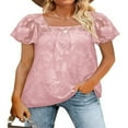 thumbnail image 1 of Femmes T-shirt Col Carré Manches Courtes Jacquard en Vrac Été Tops, 1 of 5