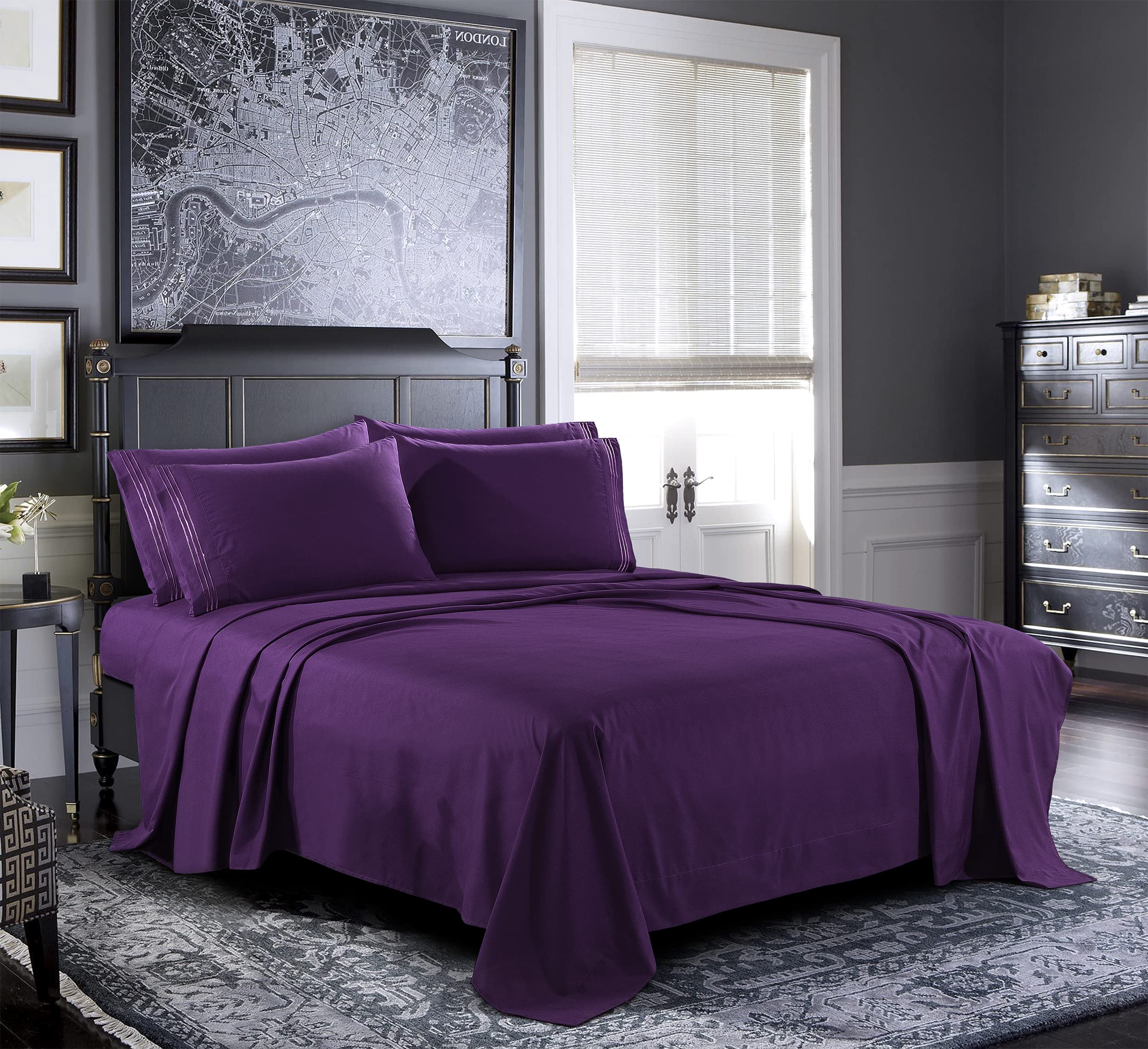 PURE BEDDING Bed Sheets Queen Sheet Set [6-Piece, Purple] Hotel Luxury  1800 Brushed Microfiber Soft and Breathable Deep Pocket Fitted Sheet,  Flat Sheet, Pillow Cases