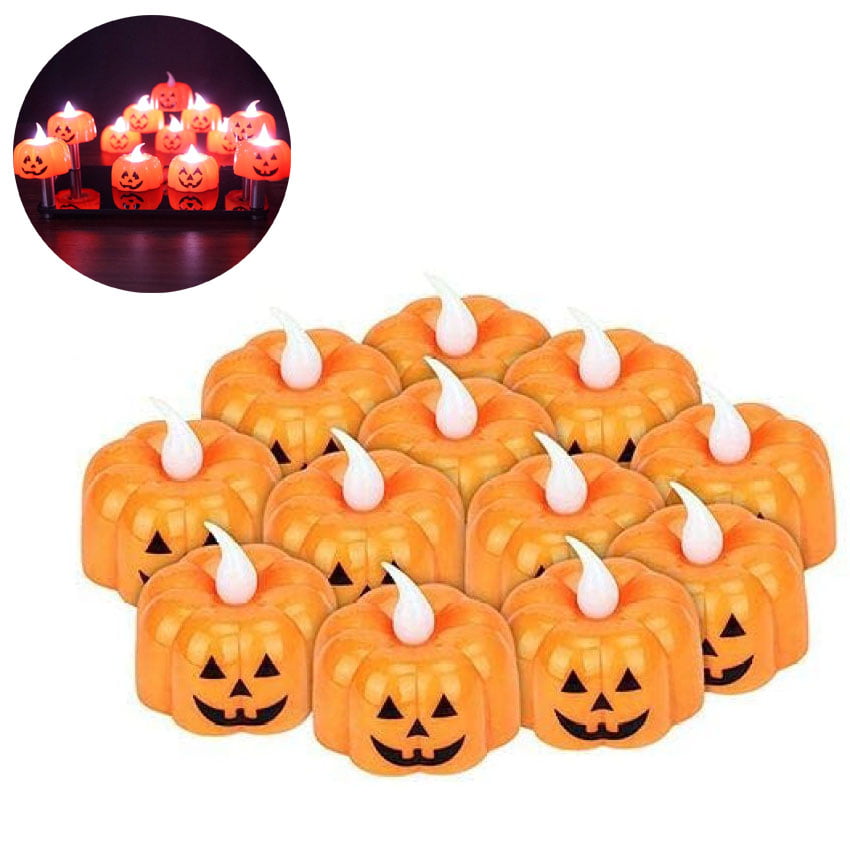 White Light for Halloween Decorations Indoor Outdoor Party Favors 12 Pieces Pumpkin Flameless Tea Light Candles Halloween Pumpkin LED Tealight Pumpkin Face Mini Plastic Candle Battery Operated