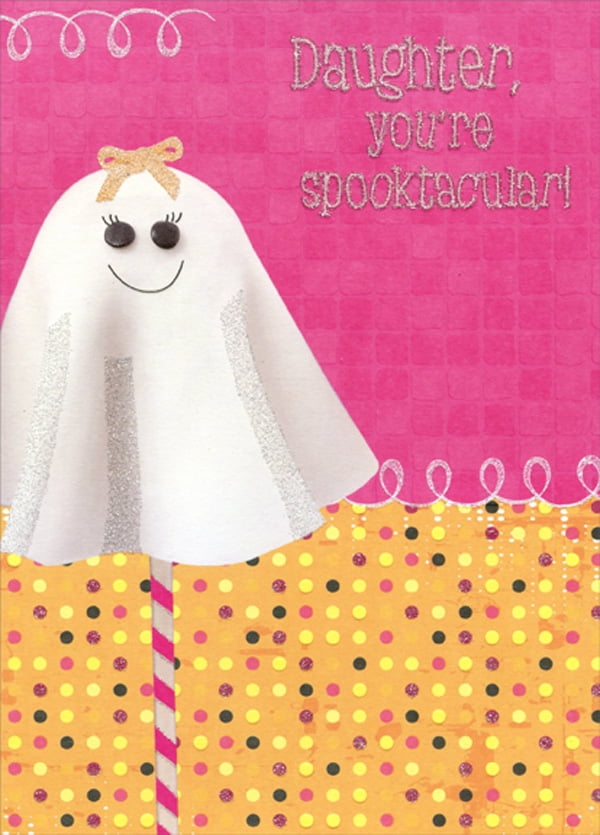 Designer Greetings Cute Ghost on White and Pink Stick Juvenile Halloween Card for Daughter