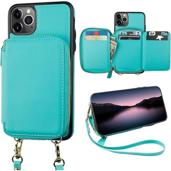 RFID Blocking Wallet Case for iPhone 11 Pro Max, Adjustable Crossbody Zipper Purse Case Card Holder with Kickstand Detachable Wrist Strap, PU Leather Flip Folio Case 6.5 Inch (Mint Green)