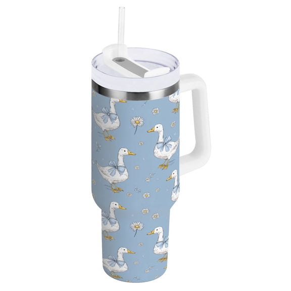 Stainless Steel Tumbler with Straw and Handle, Double Wall Insulated Tumblers, Cute Geese and Daisies