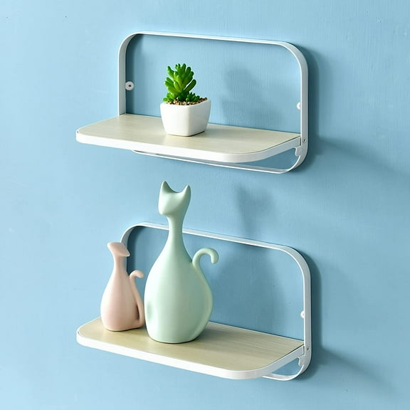 Arlington Floating Shelves Set of 2 | Folding Display Wall Shelves | Walnut Grain Wooden Board & Metal Frame | 12" W x 5" D x 7" H | White (Upgraded)