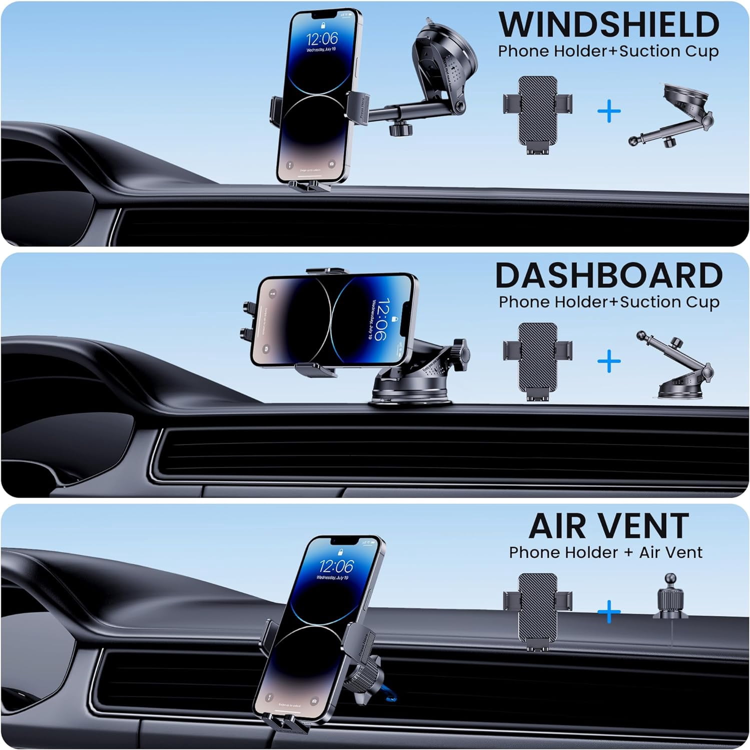 Phone Holder Car [Military-Grade Suction] Universal Car Phone Holder [Thick Case Friendly] Automobile Accessories Dashboard Air Vent Windshield Phone Mount Fit for iPhone Android Smartphones