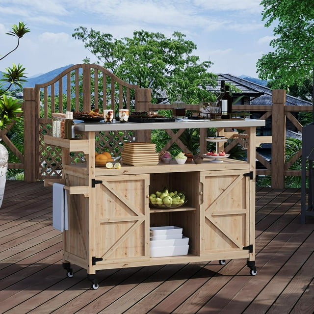 Chariot de Gril Extérieur Mobile avec Armoire de Rangement et Station de Préparation, Îlot de BBQ de Table en Acier Inoxydable sur Roues Verrouillables, Poste de Travail de Cuisine Portable pour Barbecue de Patio, Terrasse et Cour Arrière