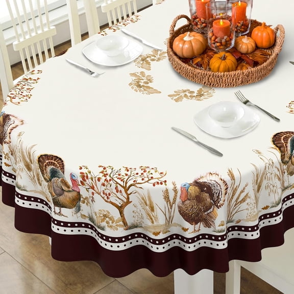 Thanksgiving Turkey Tablecloth Vintage Fall Pumpkin Table Cloth for Kitchen Decoration - 60" X 84" Oval