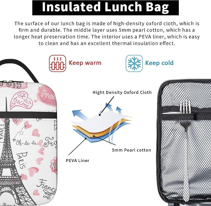Eiffel Tower Love Lunch Box Insulated Soft Bag Reusable Cooler Bag For Women Men Work Picnic Hiking