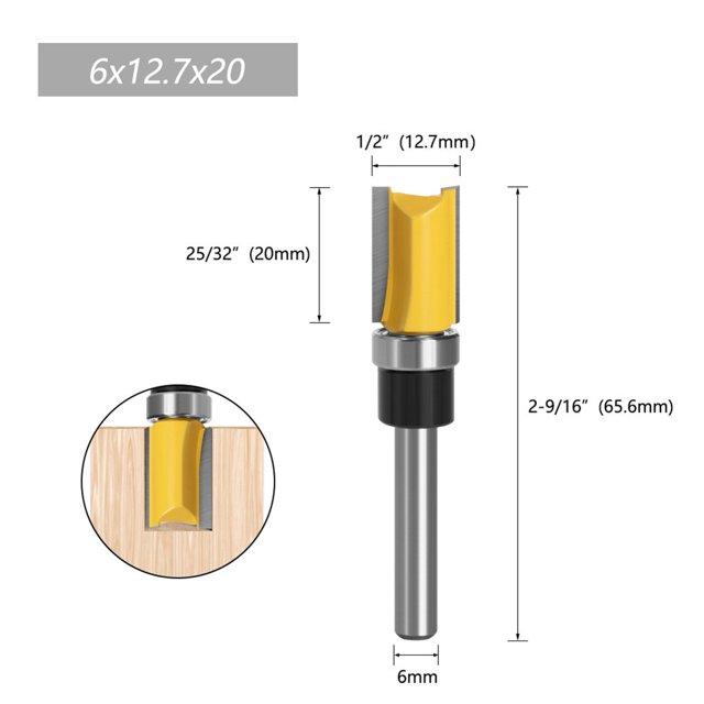 6mm Shank Flush Trim Router Bit Straight End Mill For Woodworking Bearing 1/2IN 20
