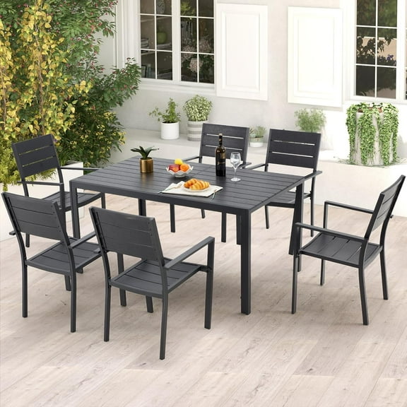 AECOJOY 7 Piece Outdoor Dining Set Patio Furniture Set On Sale Wood Grain Outdoor Table and Chairs on Clearance in Black