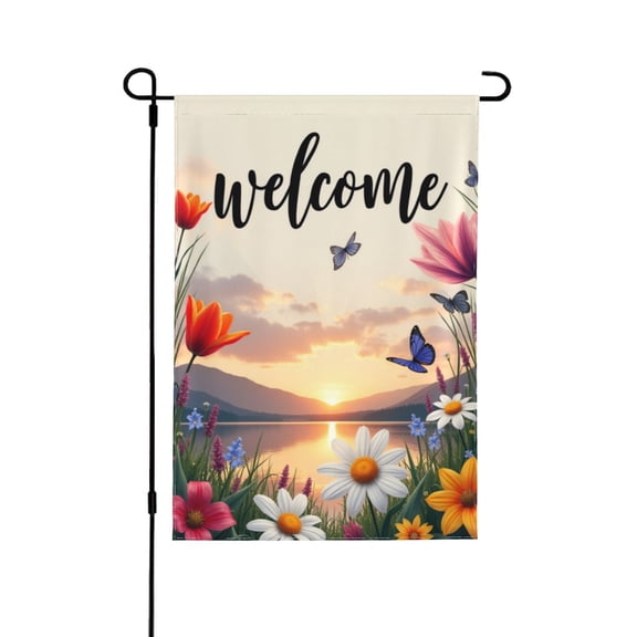 Welcome Spring Summer Garden Flag Sunset Lake Flowers Butterflies Double Sided 12x18 Inch Outdoor Yard Decor