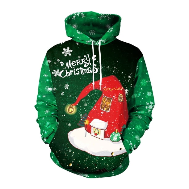 Green Hoodies Merry Christmas Hood Pullover Santa Hat Printed Sweatshirt Warm Pocket Streetwear Y2K Tracksuit Men Clothing