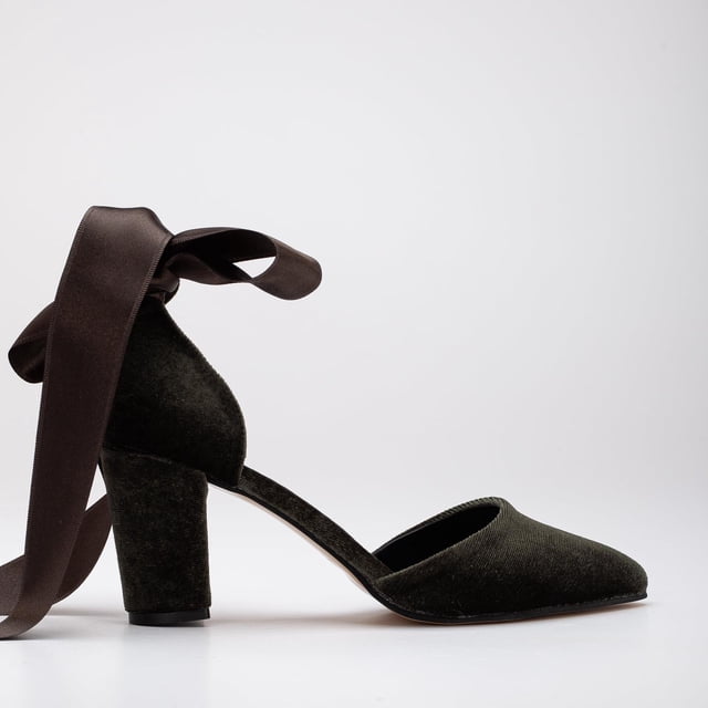 Gisele - Tacones de terciopelo verde oliva con lazo verde oscuro 5.5 US | 3 UK | 22CM | 36 EU