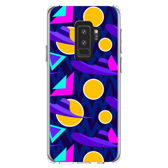 DistinctInk Clear Shockproof Hybrid Case for Samsung Galaxy S9  PLUS (6.2" Screen) - TPU Bumper, Acrylic Back, Tempered Glass Screen Protector - Pink Purple Yellow 90s Pattern - Relive the 90's