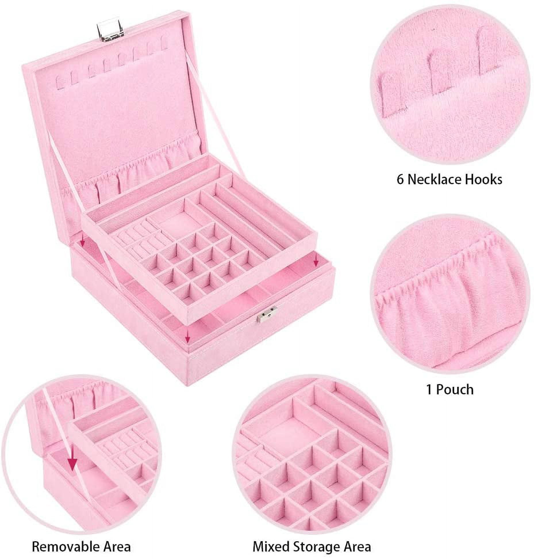 Jewelry Box Organizer, 2 Layers Lint Jewelry Display Storage Case with Lock - Pink