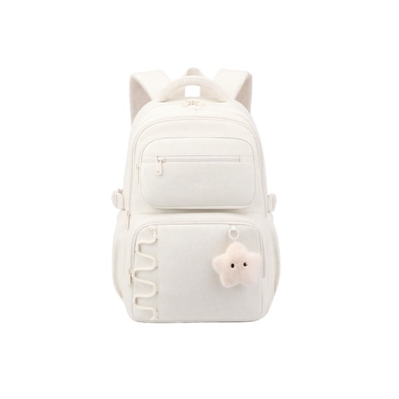 Sweet Daily Pastel Backpack with Star Charm for Back to School, Multi-Pocket Aesthetic Daypack, Large Capacity Fashionable Casual Bookbag for Campus Use White