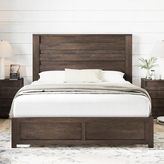 Merluxy Farmhouse Fullsize Bed Frame with 49" Scalloped Headboard, Platform Bed with Natural Woodgrain Finish, No Boxspring/No Noise, Grey