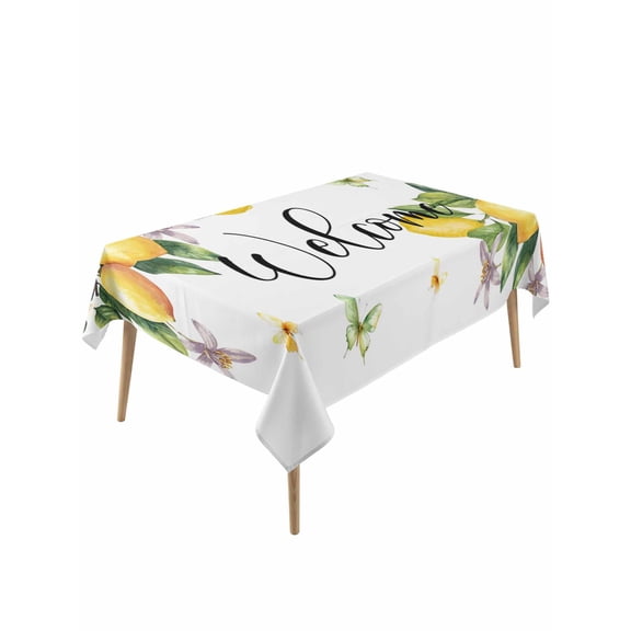 Yellow Lemon Table Cloth, Floral Flower Butterfly Watercolor White Waterproof Tablecloth for Rectangle Tables, Reusable Washable Fabric Table Cover for Restaurant Kitchen Dining Tables 54"x108"