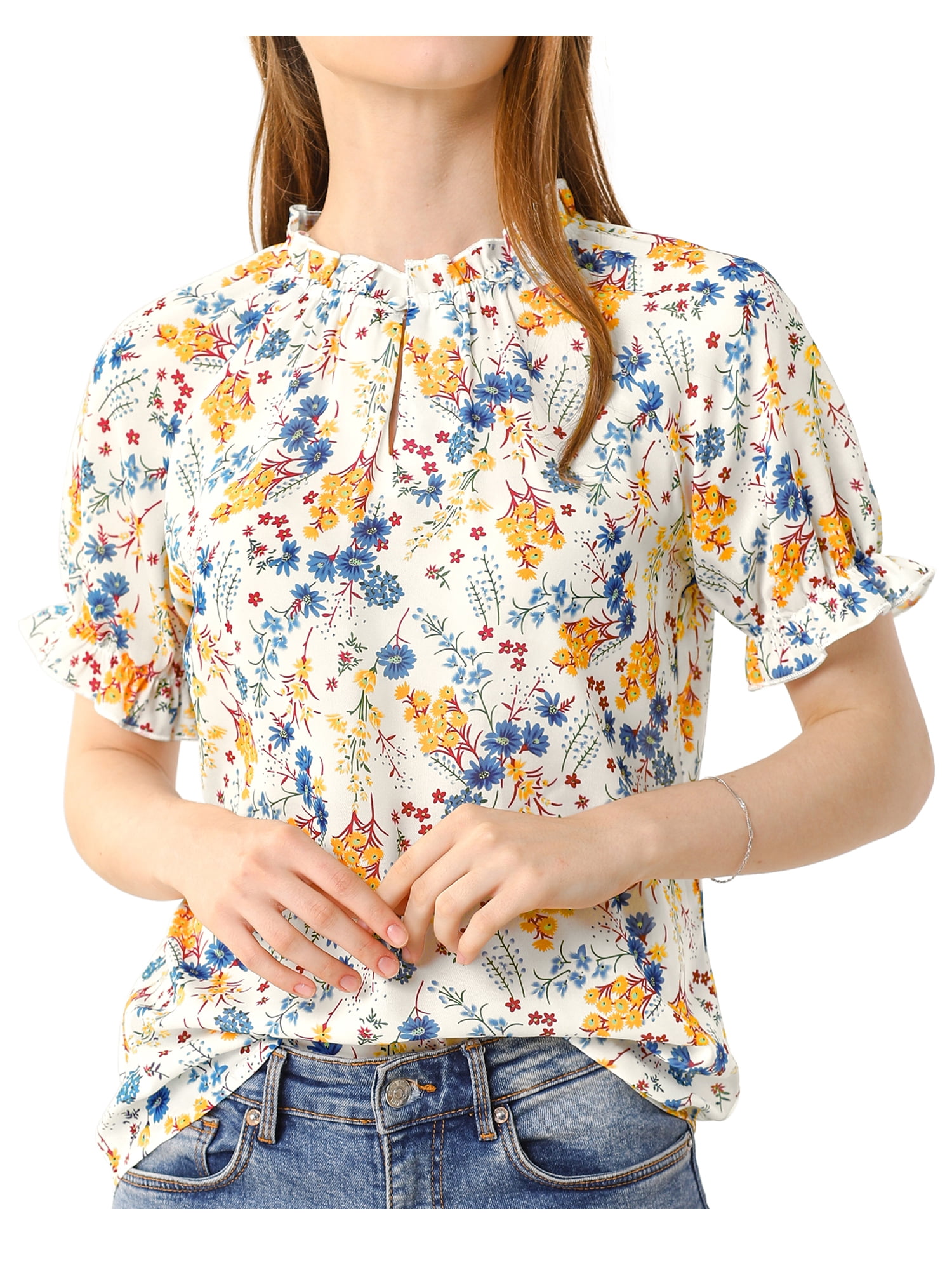DARING DIVA Women's Floral Ruffled Neck Short Sleeves Top Blouse XS White Blue