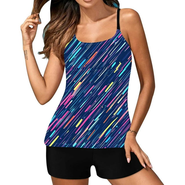 UPPADA Womens 2 Piece Tankinis Swimsuit Floral Print Tank Swim Top with Bottom Spaghetti Straps 2pc Tummy Control Bathing Suits Modest Swimwear Multicolor,L