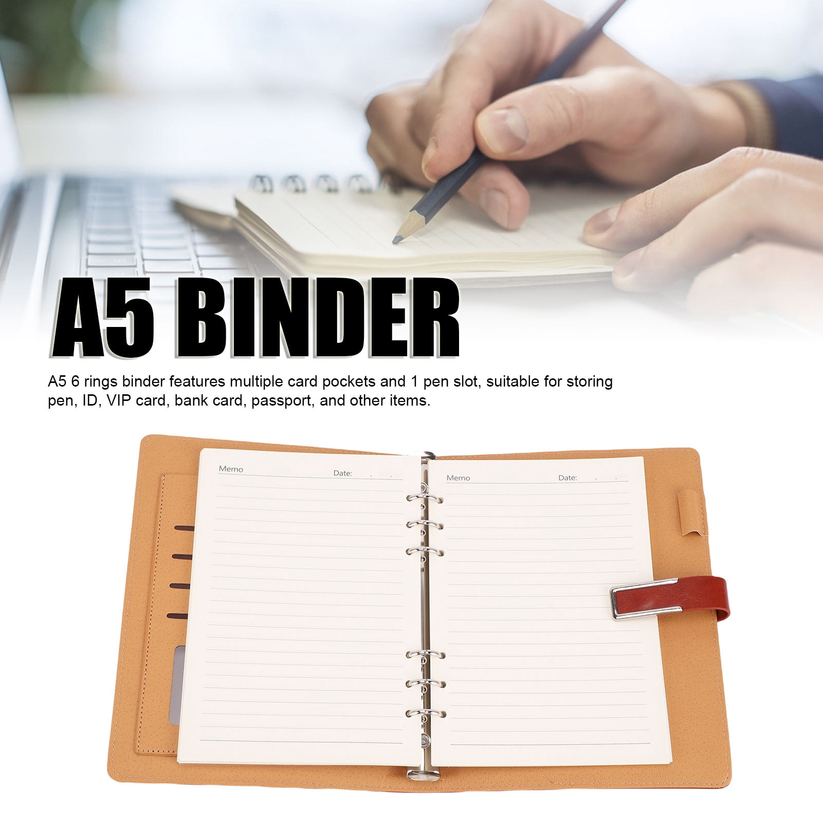 M Buder A5 Binder 6 Rings PU Leather Magnetic Closure Refillable Notebook Binder with 80 Sheets Lined Paper, Durable A5 Planner Binder 9.25 x 7.09 in / 23.5 x 18 cm for Office School Home Use