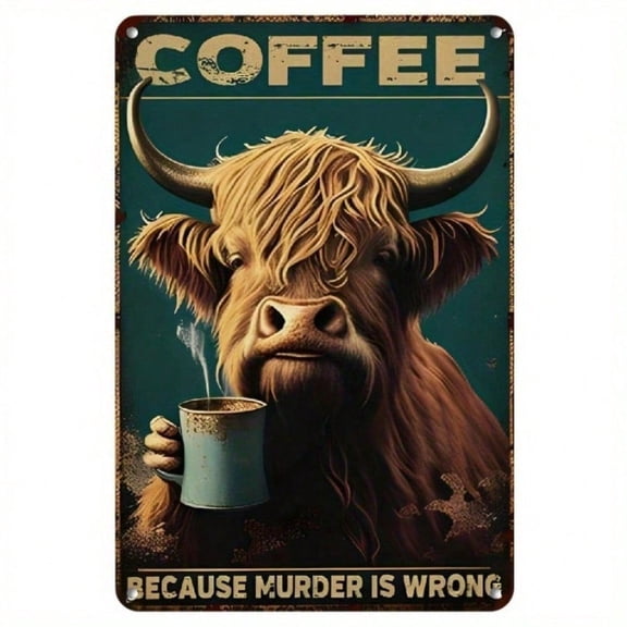 HELLOYOUNG Vintage Coffee Metal Tin Sign 8x12 Inch, Rustic Highland Cow Wall Art Decor for Kitchen Coffee Shop Bar Home