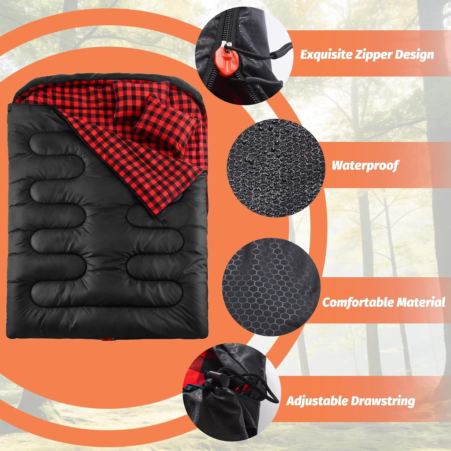 Double Sleeping Bag for Adults with 2 Pillows, Big & Tall Queen Size XL Person, Waterproof Lightweight Warm 3 Seasons, Cold Weather,Camping, Hiking Backpacking
