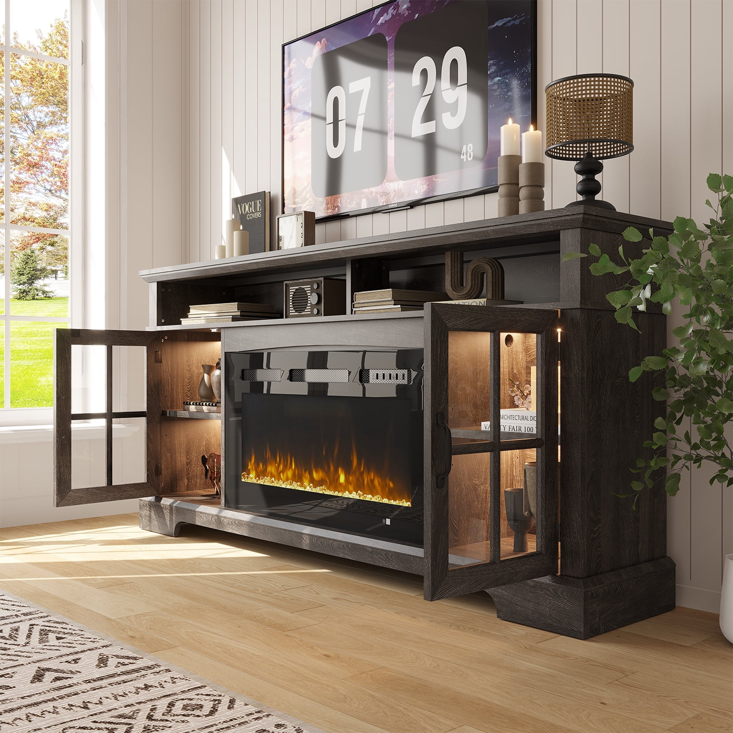 Sonegra Fireplace TV Stand with Glass Door for TVs up to 80", 70" Entertainment Center with Fireplace, Media Console for Living Room, Gray