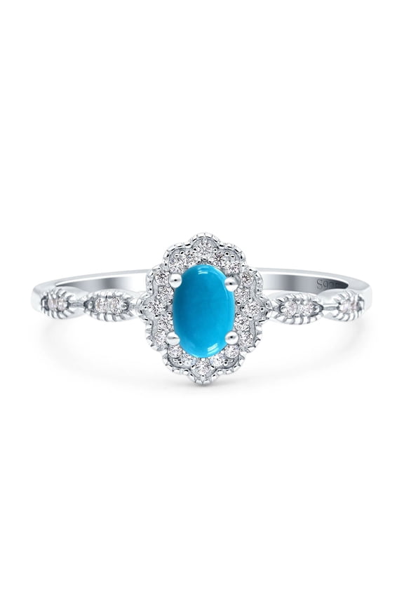 Genuine Natural Arizona Sleeping Beauty Turquoise Size-9 Art Deco Oval Vintage Style Floral Halo CZ Wedding Engagement Ring For Women 925 Sterling Silver Gifts For Her