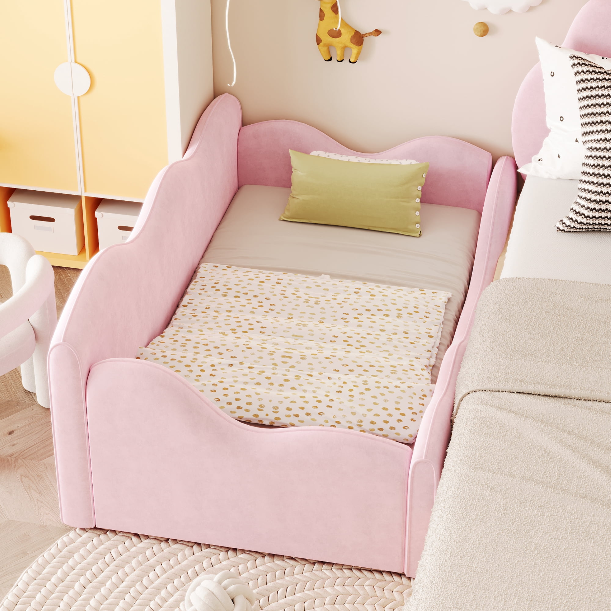 Euroco Upholstery Toddler Floor Bed with Guardrails, Pink