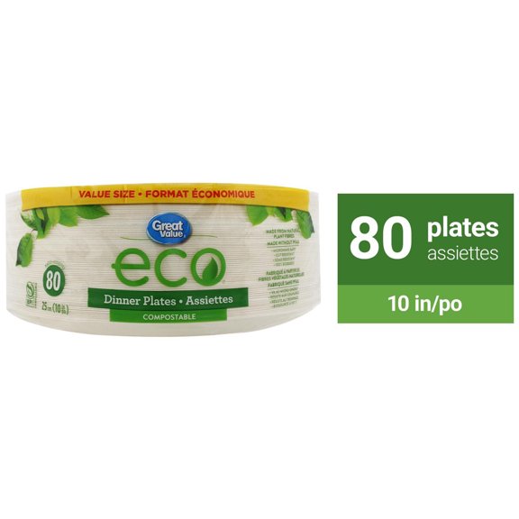 Great Value Eco Compostable Dinner Plates, 80 Plates