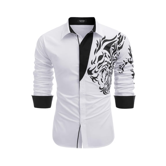 Men's Print Dress Long Sleeve Slim Fit Button Down Shirts(XL,White Animal)