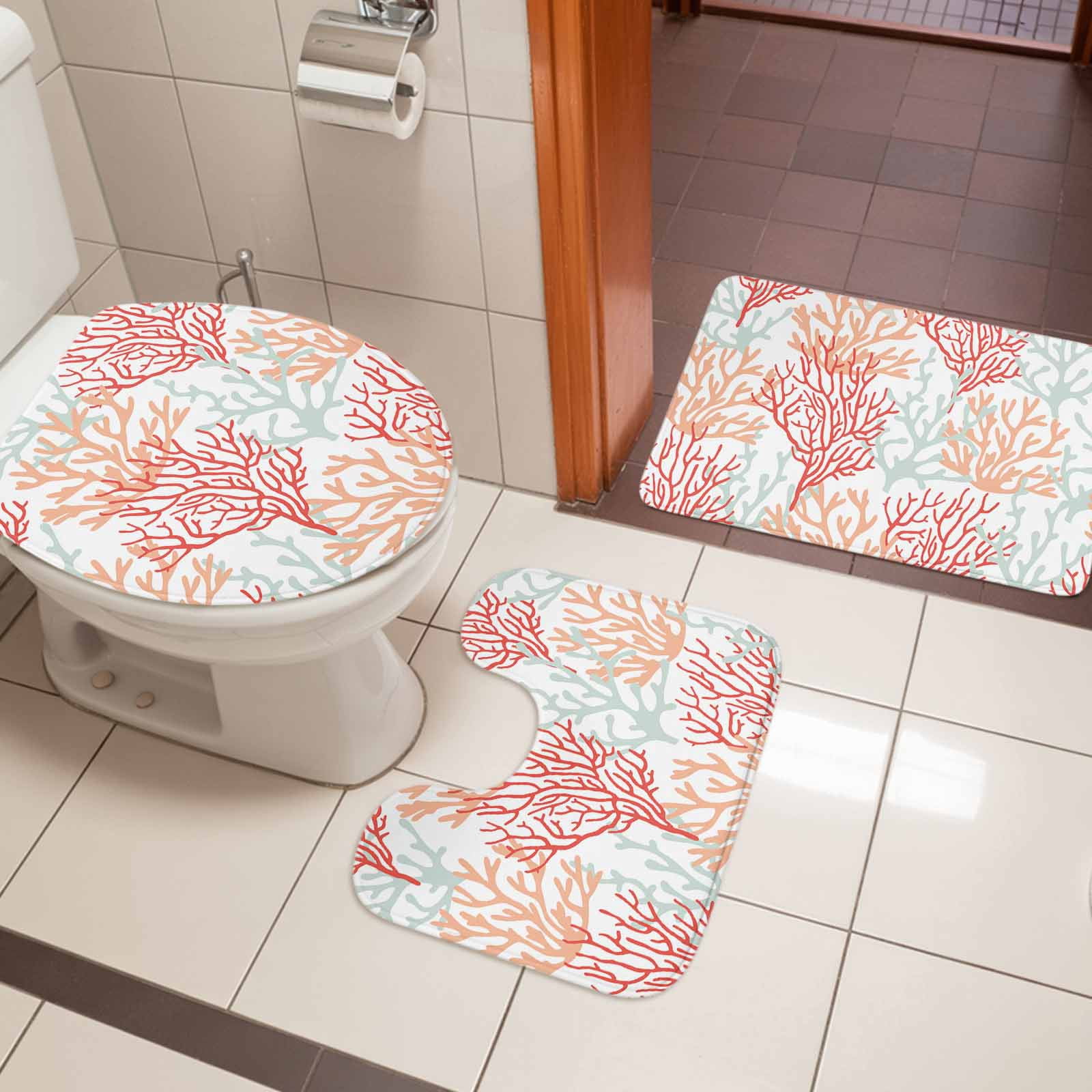 Red Orange Grey Coral Coastal Bath Mat 3 Piece Bathroom Rug Set, Summer Beach Seaside Nautical Non Slip Bath Rug Contour Mat and Toilet Lid Cover, Absorbent Shower Mats Soft Bath Rugs and Mats Sets