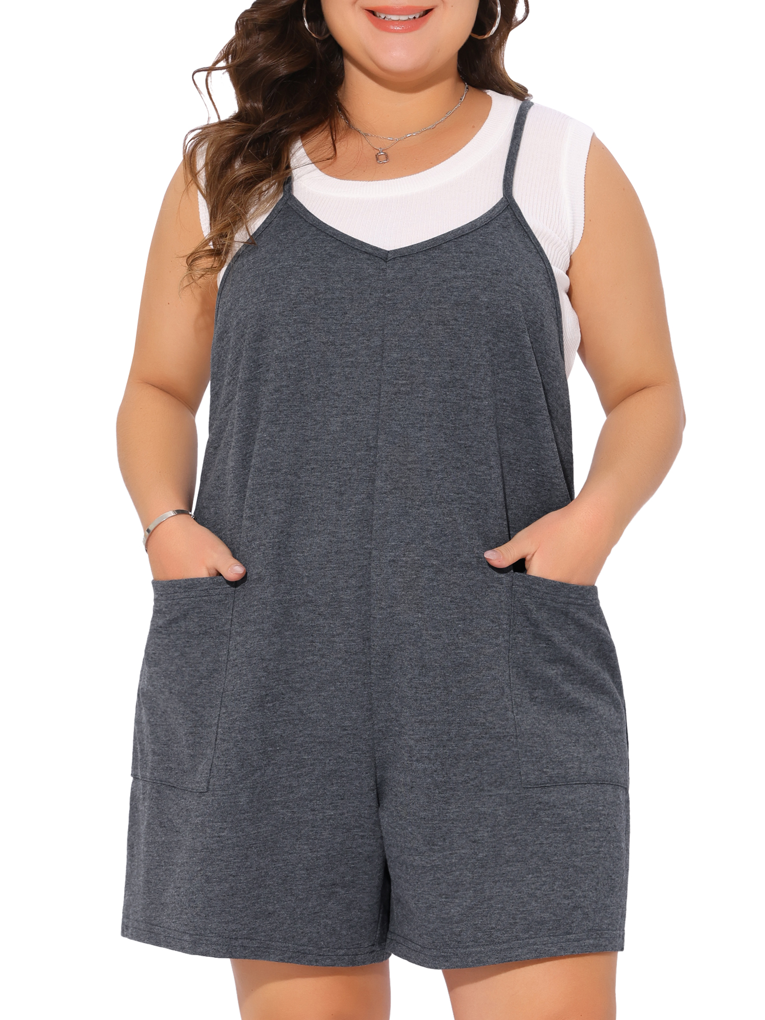 DARING DIVA Women's Plus Casual Sleeveless Spaghetti Strap Romper 4X Grey