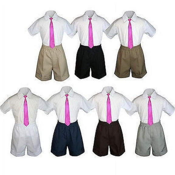 3pc Set Boy Toddler Formal Party Fuchsia Necktie White Black Khaki Shorts S-4T