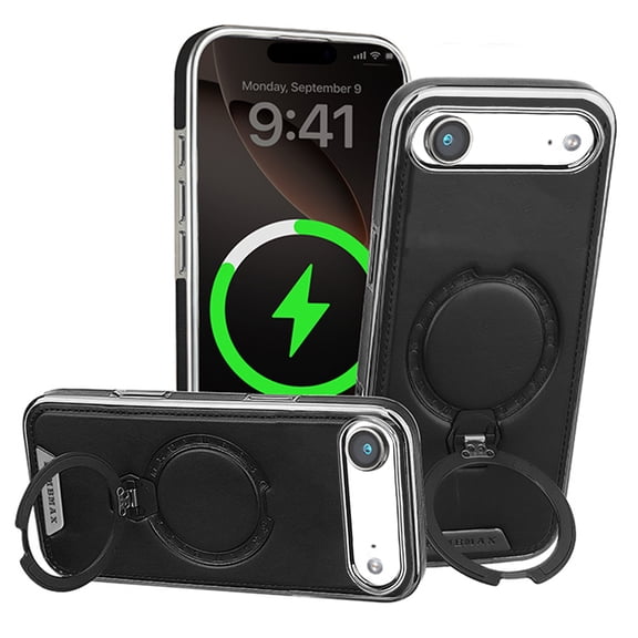 Magnetic for iPhone Air Premium PU Leather Case,Invisible 360 Rotating Stand [Compatible with Magsafe] Slim Kickstand Shockproof Phone Cover For iPhone Air,Black