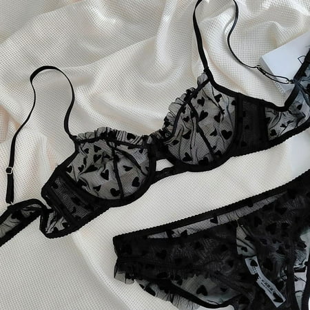 HHH New Sexy Lace Thin Underwear See-through Heart Shape Printed Lingerie Set Large Boob Size Concealing Bra