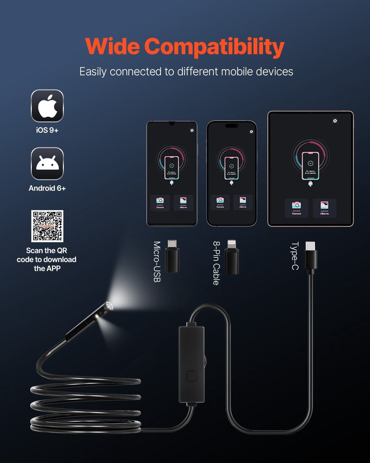 Flexible 10FT Dual Lens Borescope Camera for Android iOS - Endoscope with LED Light for Inspection