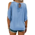 thumbnail image 3 of Crew Neck Women Solid Color Casual Cold Shoulder Tops Off Shoulder Summer T-shirt, 3 of 3