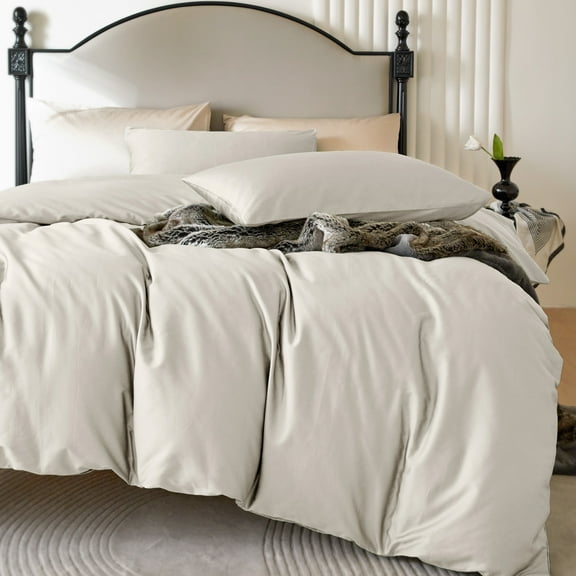 PURE ERA 100% Long Staple Cotton Duvet Cover Set 800 Thread Count Sateen Silky Soft Luxurious Smooth Beige Queen
