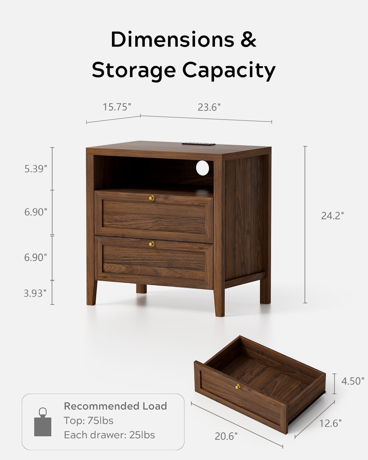 EYYTHUNG Modern Nightstands with 2 Drawers Wooden End Table with Charging Station Farmhouse Night Stand Bedside Side Table with Storage Open Shelf, Brown